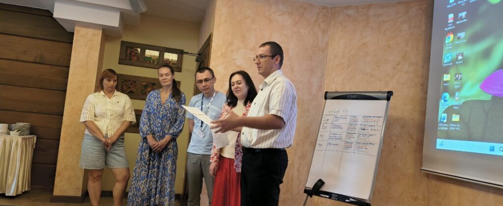 Photo 28. Team members (from left to right): Matusevych Tetiana (Dragomanov Ukrainian State University), Levaieva Lyudmyla (Hryhorii Skovoroda University in Pereiaslav), Bondar Vitalii (The National University of Ostroh Academy), Humenna Oleksandra (Association of Sustainable Development Experts, Kyiv) and Vehesh Ihor (Uzhhorod National University), presenting their final group project “SDE Nexus — From Dialogue to Action”. Photo 28. Team members (from left to right): Matusevych Tetiana (Dragomanov Ukrainian State University), Levaieva Lyudmyla (Hryhorii Skovoroda University in Pereiaslav), Bondar Vitalii (The National University of Ostroh Academy), Humenna Oleksandra (Association of Sustainable Development Experts, Kyiv) and Vehesh Ihor (Uzhhorod National University), presenting their final group project “SDE Nexus — From Dialogue to Action”.
